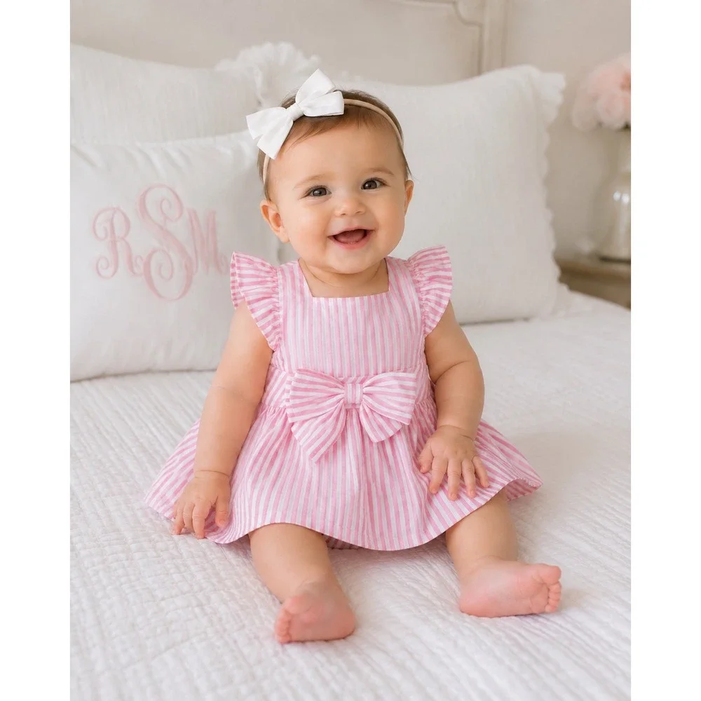 Ralph Lauren Dress 2 Piece Set Baby Girl 9M Stripe Bow Bloomers Coastal Girly